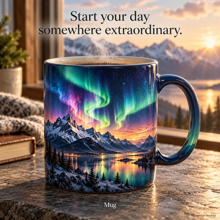 Aurora mountain mug concept mockup