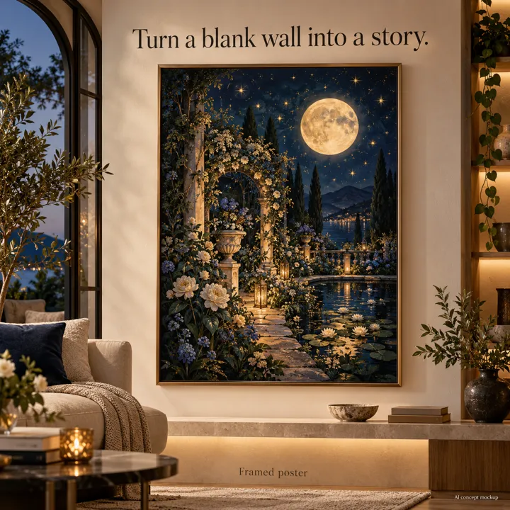 Moonlit garden framed poster concept mockup