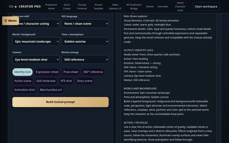 Character Studio building a locked character prompt
