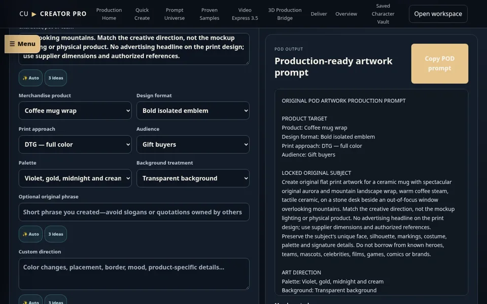 Real Creator Pro 3D POD Merch Lab with product settings and a built artwork prompt