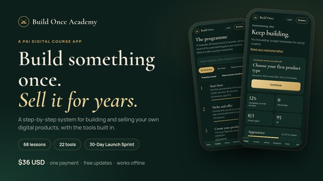Build Once Academy: course app shown on two phones, with 68 lessons, 22 tools and a 30-Day Launch Sprint