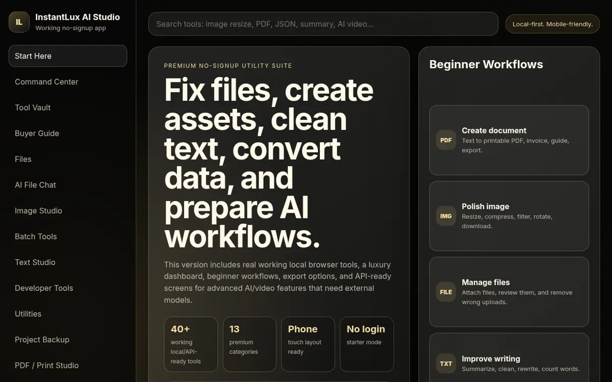 Real InstantLux dashboard with the sidebar of tools and beginner workflows