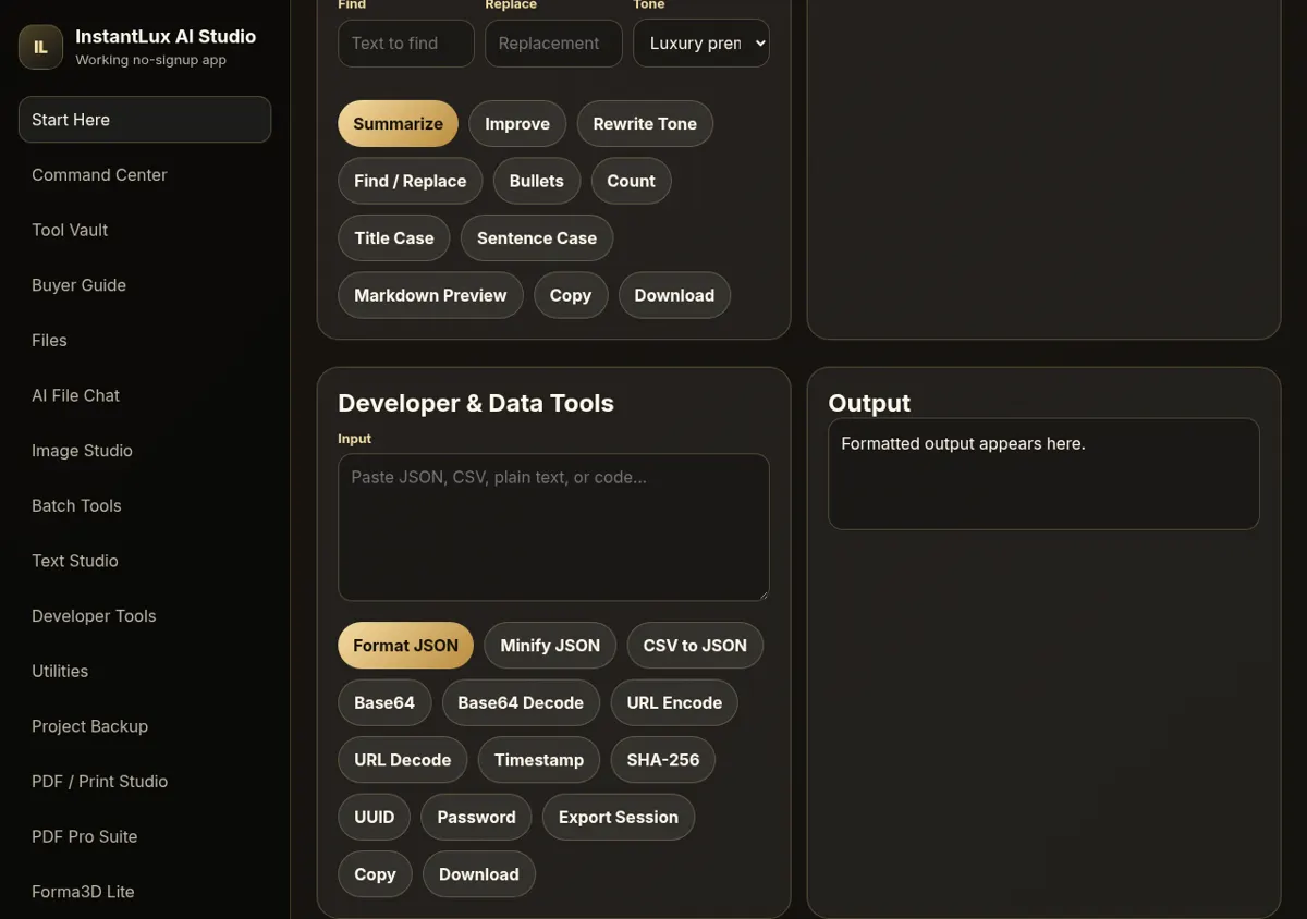 Developer Tools with JSON, CSV, Base64 and hash buttons