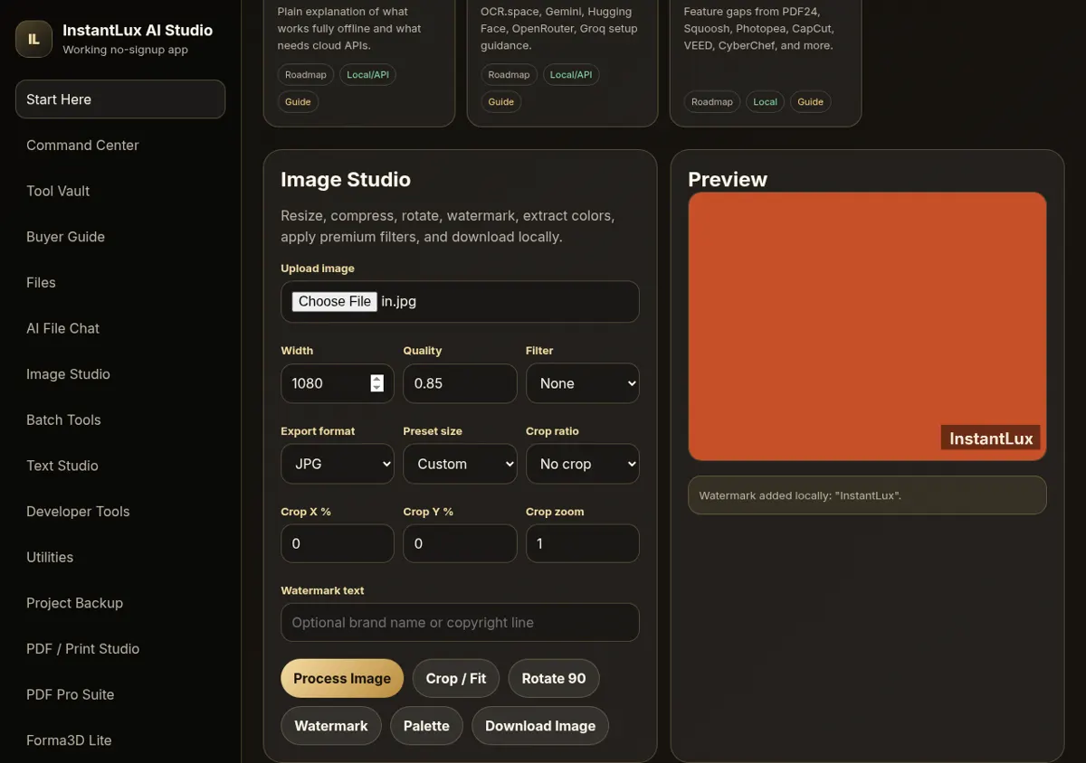 Image Studio with resize, watermark and export controls
