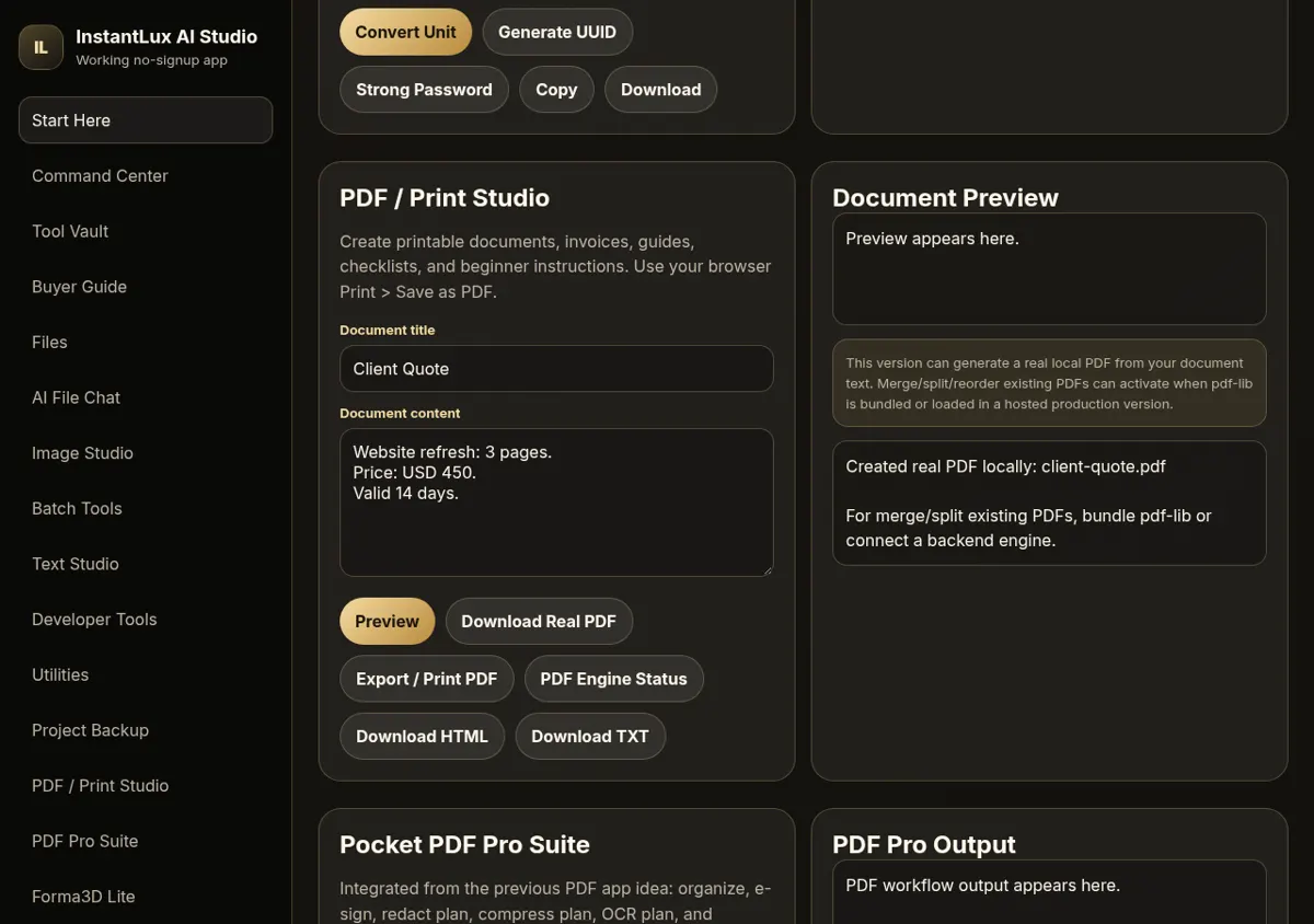 PDF / Print Studio with a client quote typed in and a confirmation that a real PDF was created locally
