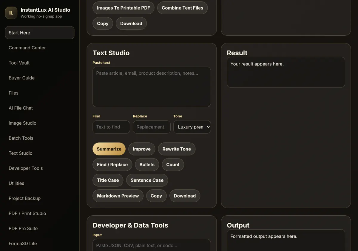 Text Studio with summarize, cleanup and rewrite buttons
