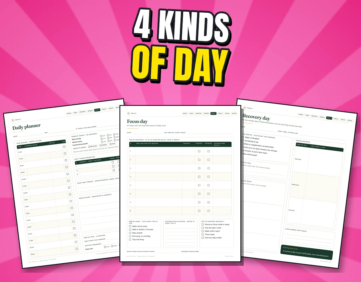 Three real daily pages: Daily planner, Focus day and Recovery day