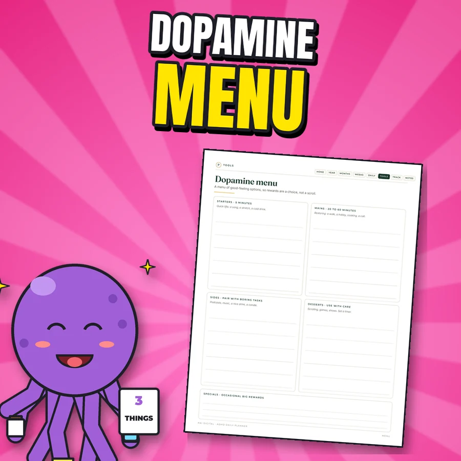 Happy cartoon octopus next to the real Dopamine menu page