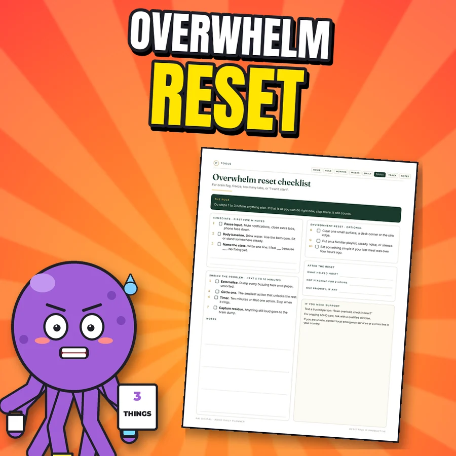 Worried cartoon octopus next to the real Overwhelm reset checklist page