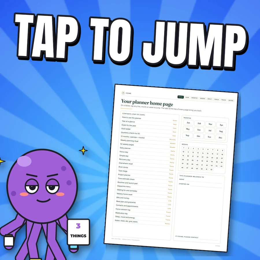 Proud cartoon octopus next to the real planner home page with its links