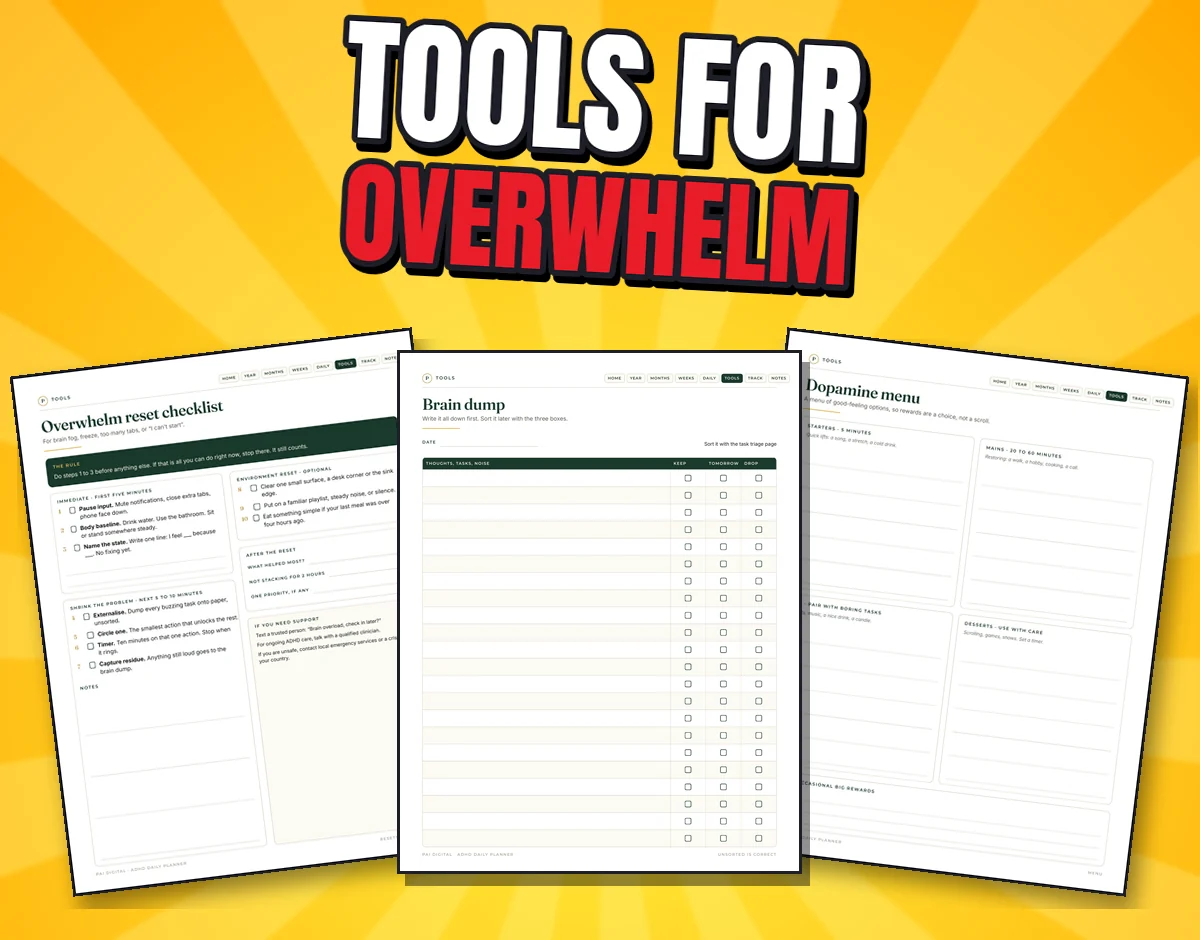 Three real pages: Overwhelm reset checklist, Brain dump and Dopamine menu