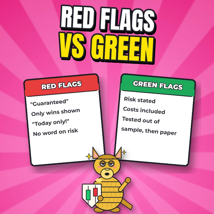 Cartoon armadillo between a red-flags card (guaranteed, only wins shown, today only, no word on risk) and a green-flags card