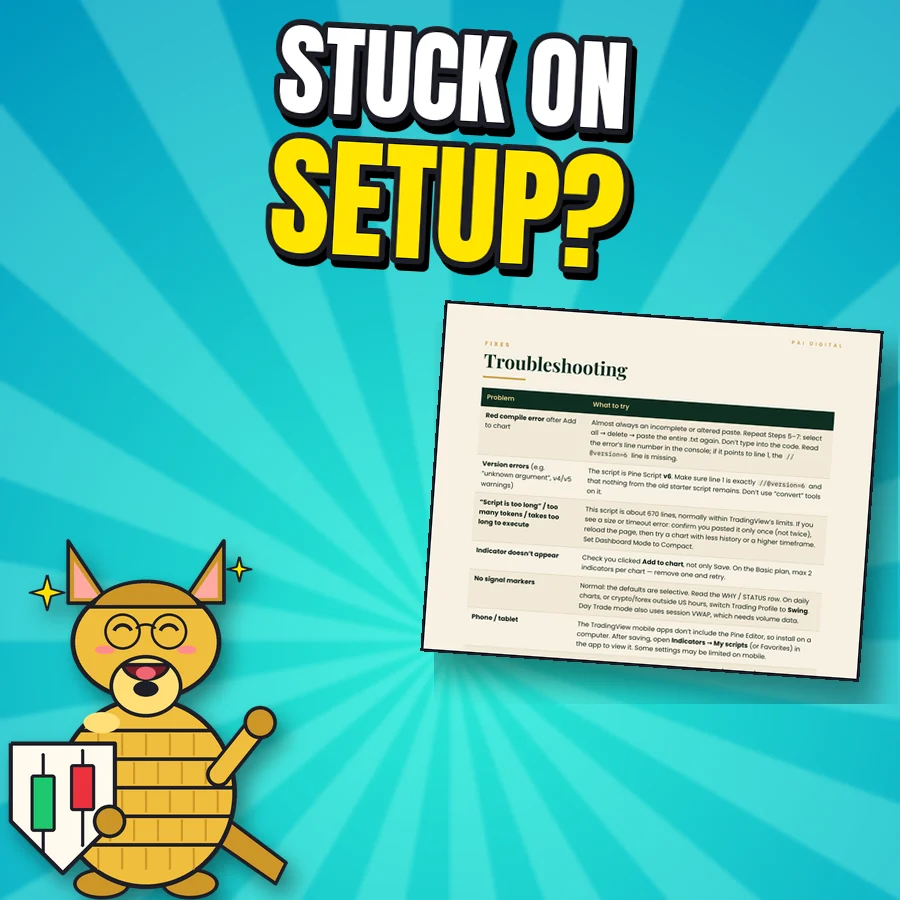 Happy cartoon armadillo next to the real troubleshooting page of the setup guide