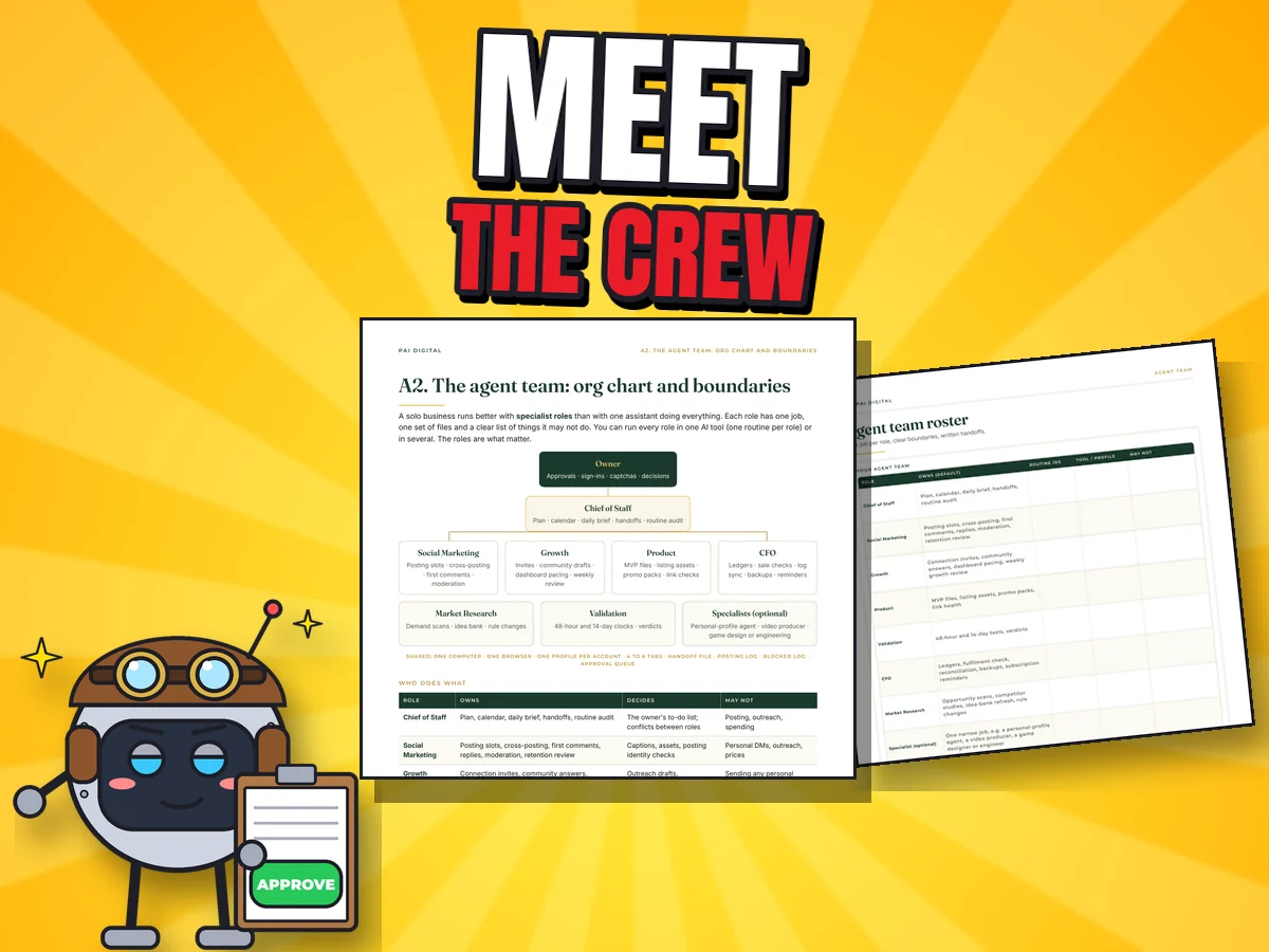 Proud cartoon robot next to the real org chart page and the agent team roster worksheet