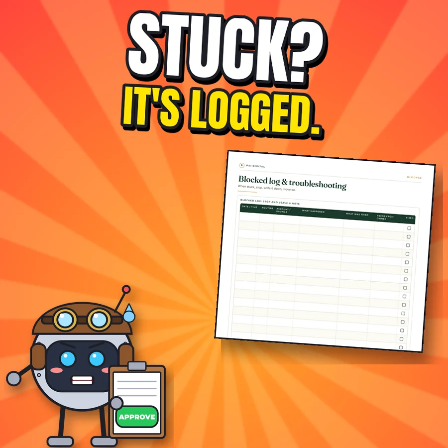 Worried cartoon robot next to the real Blocked log and troubleshooting worksheet