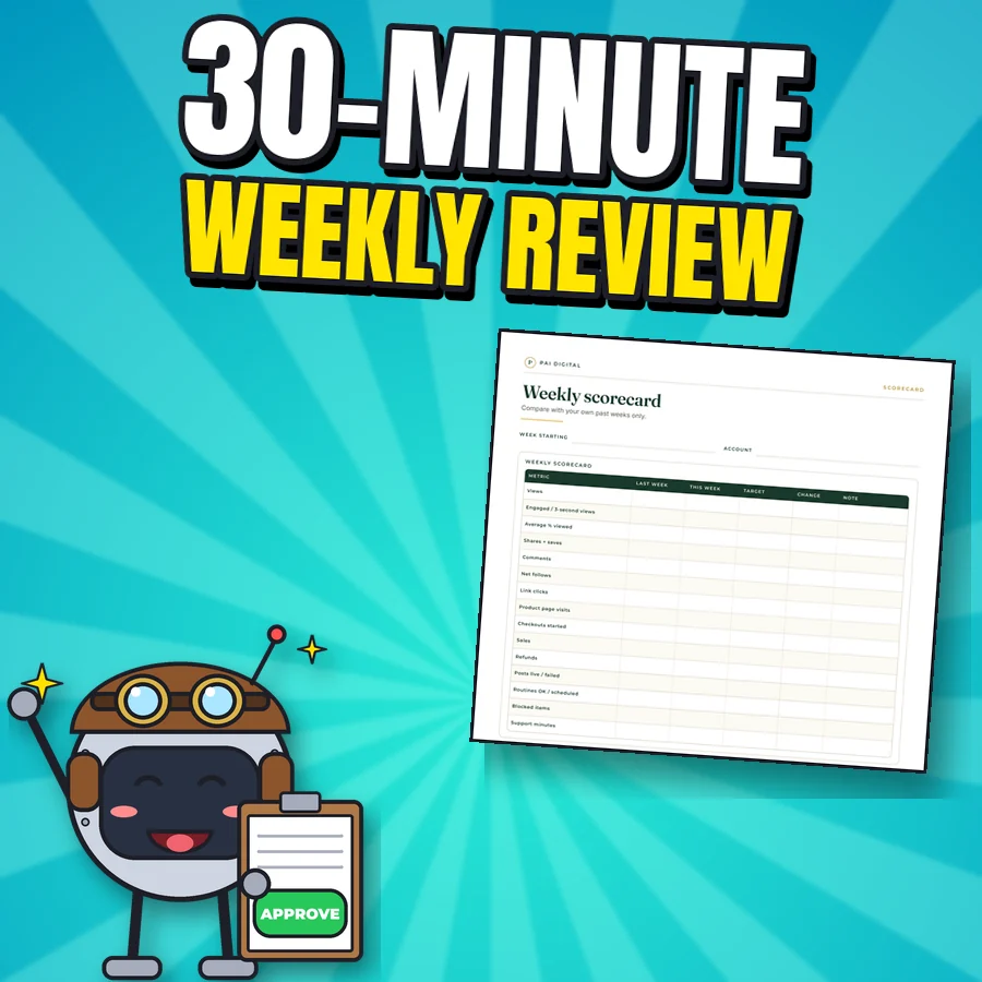 Happy cartoon robot next to the real Weekly scorecard worksheet