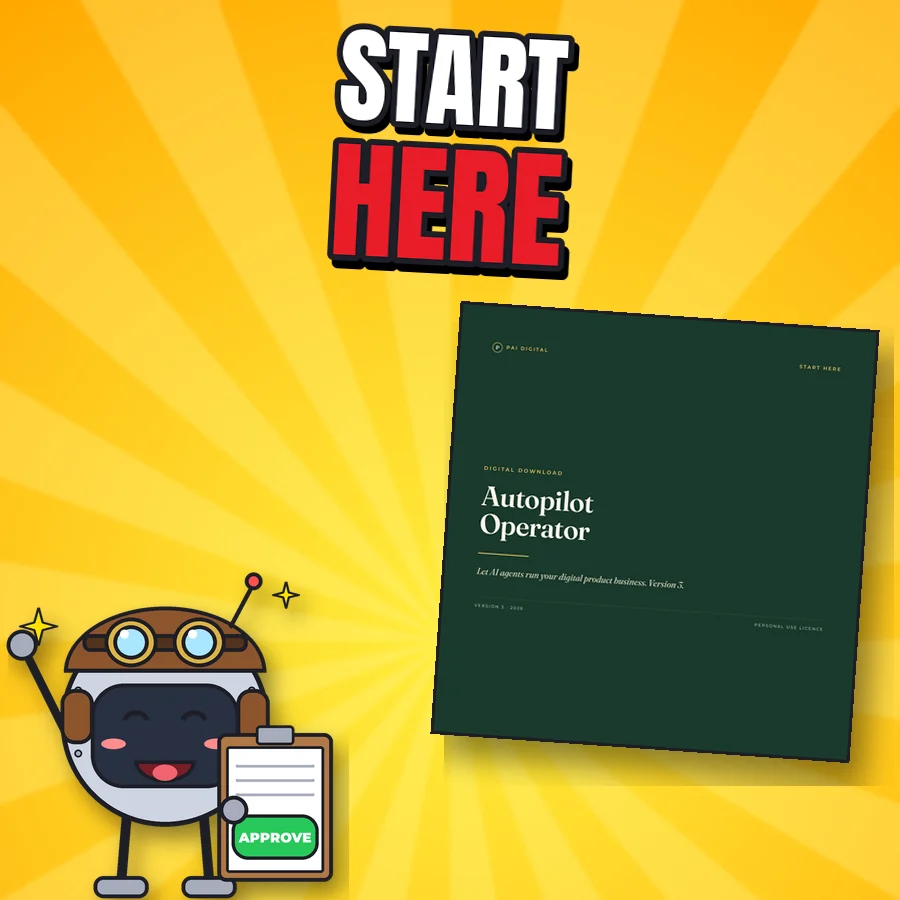 Happy cartoon robot next to the real Start Here guide cover