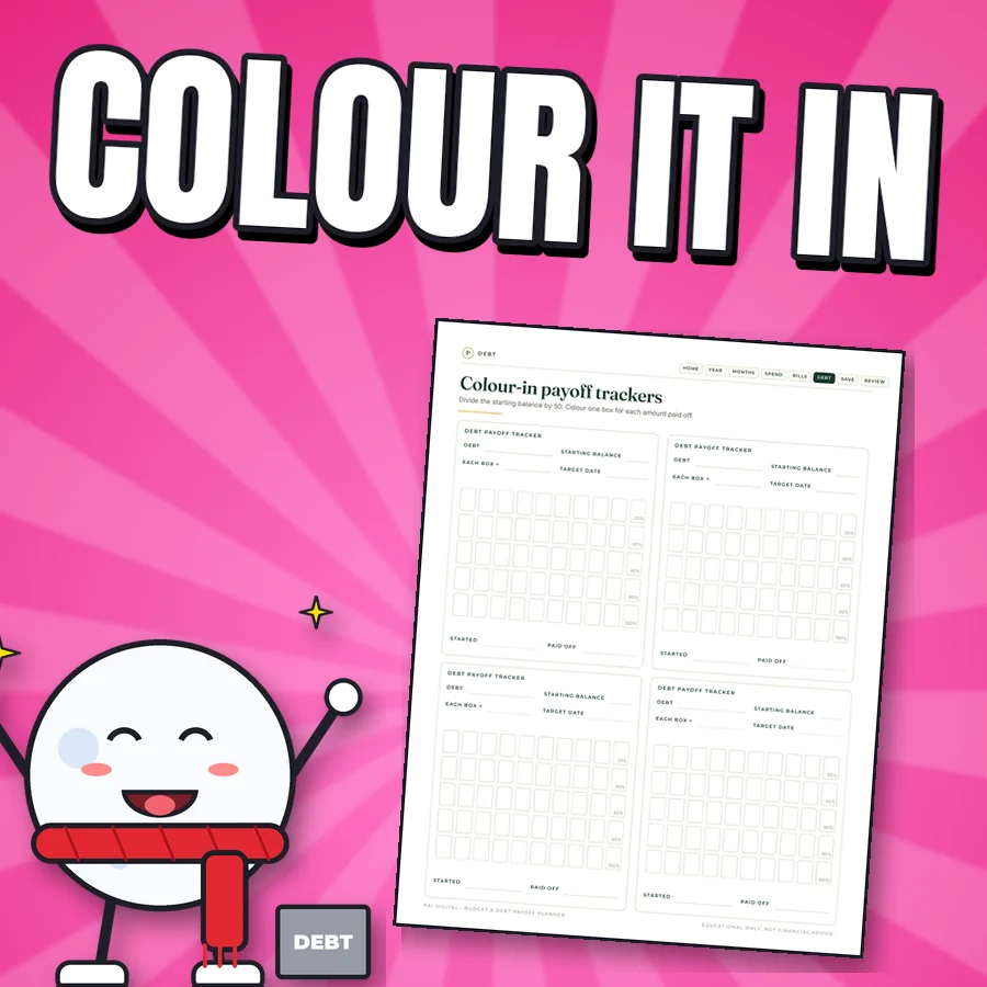 Happy cartoon snowball next to the real colour-in payoff trackers page