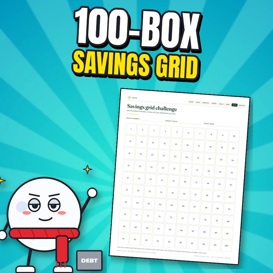 Proud cartoon snowball next to the real savings grid challenge page with 100 numbered boxes