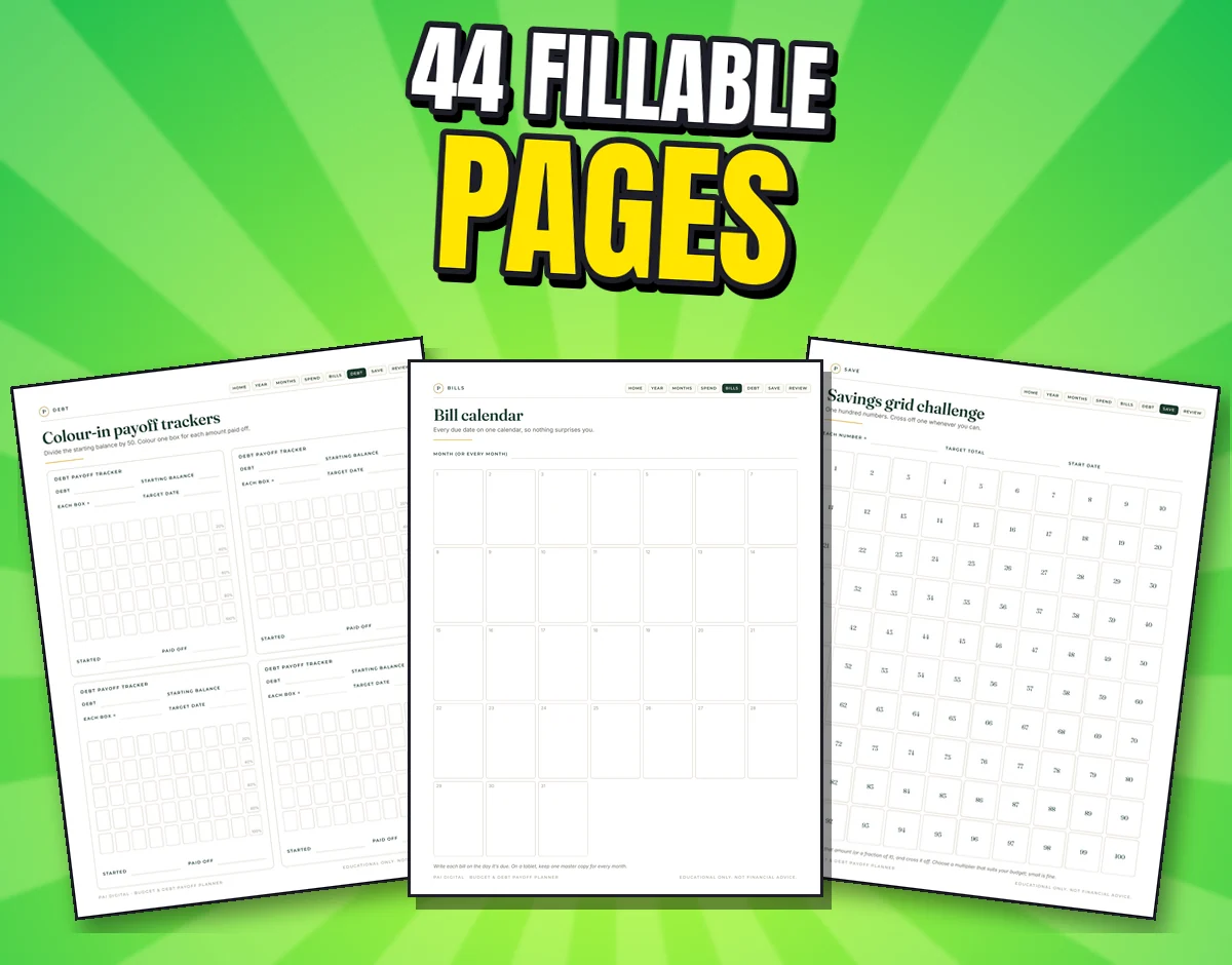 Three real printable pages: colour-in payoff trackers, the bill calendar and the 100-box savings grid