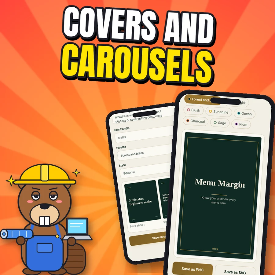 Proud cartoon beaver next to real screenshots of the Cover designer and the Carousel maker