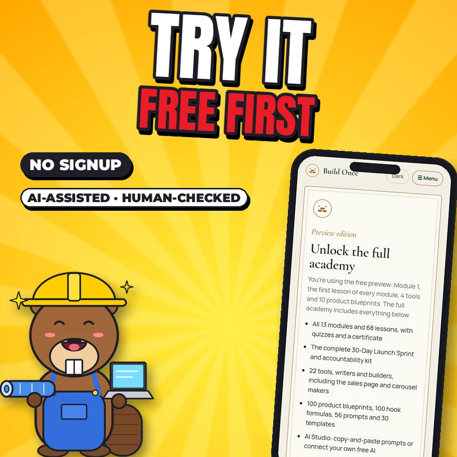 Happy cartoon beaver next to the real preview screen Unlock the full academy, with labels No signup and AI-assisted, human-checked