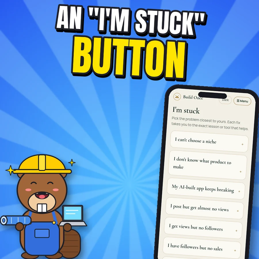 Happy cartoon beaver next to the real I'm stuck screen listing common problems