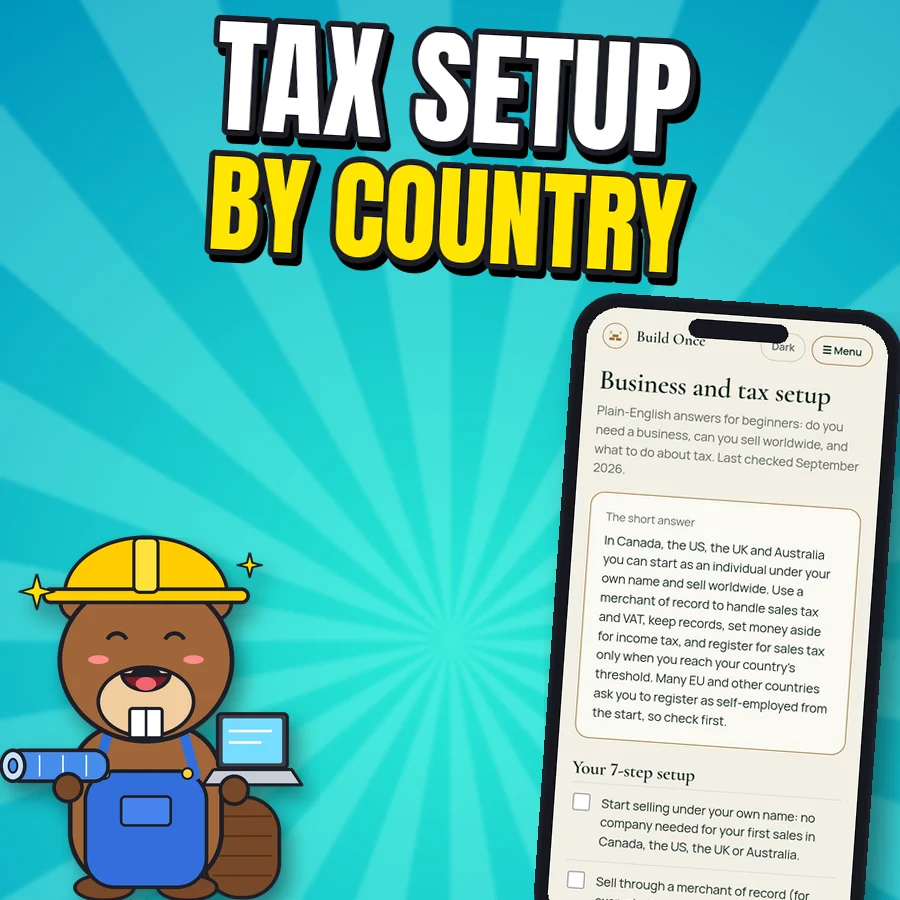Happy cartoon beaver next to the real Business and tax setup screen
