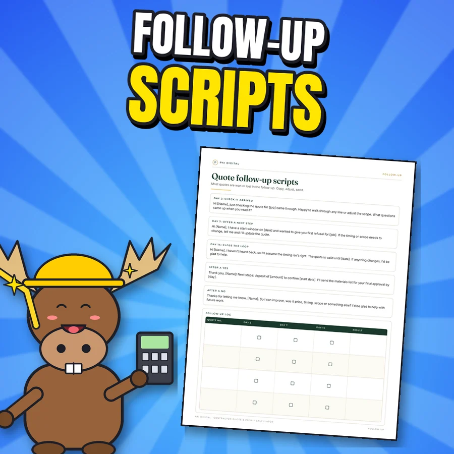 Happy cartoon moose next to the real Quote follow-up scripts page