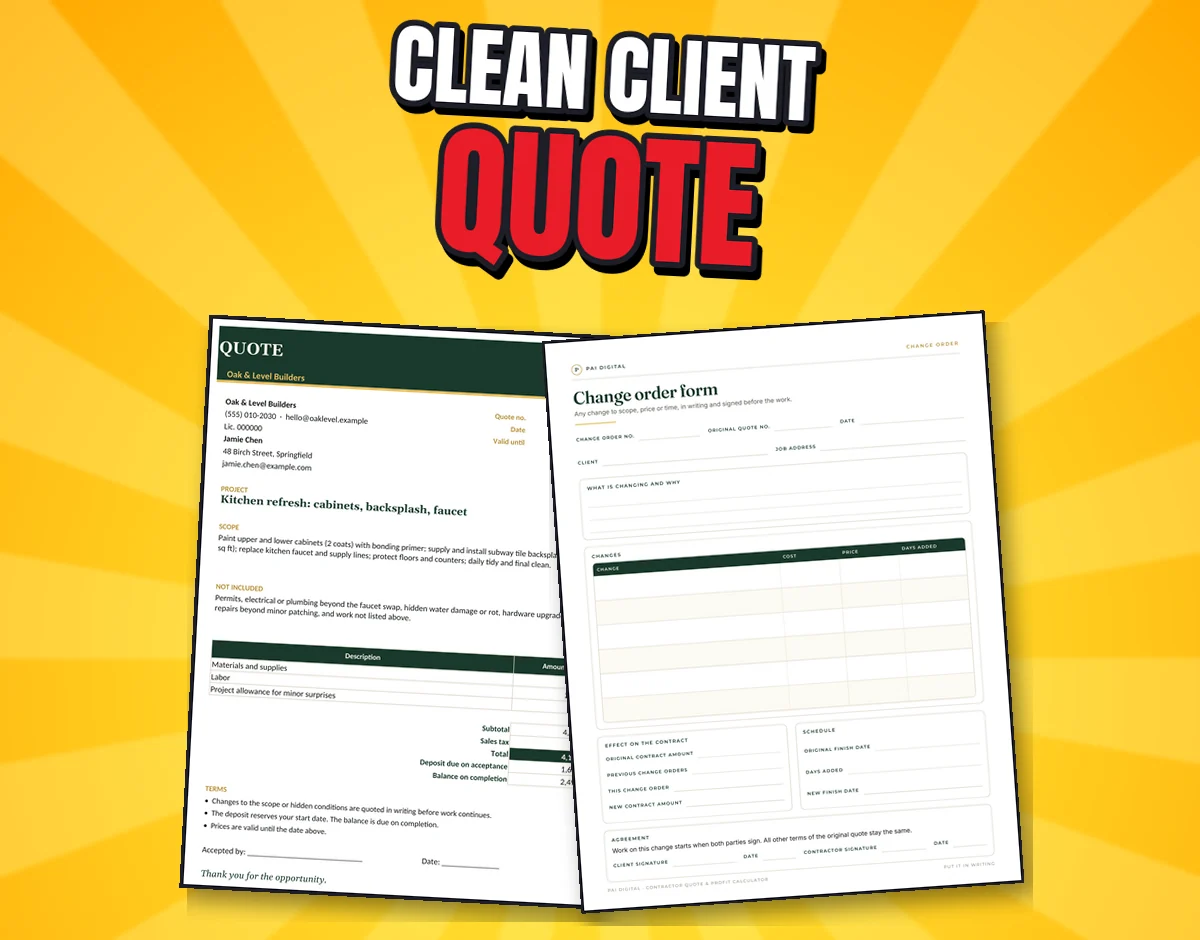 The real Client Quote sheet and the Change order form page