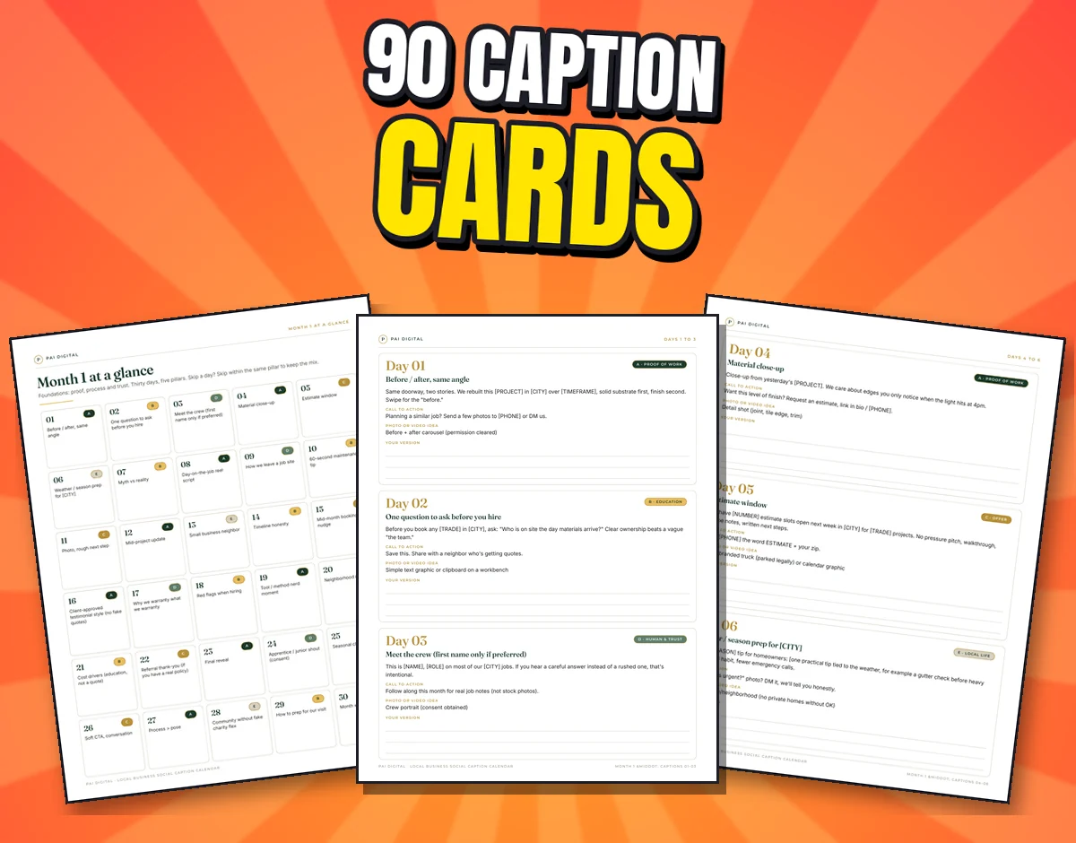 Three real playbook pages: Month 1 at a glance and caption cards for days 1 to 6