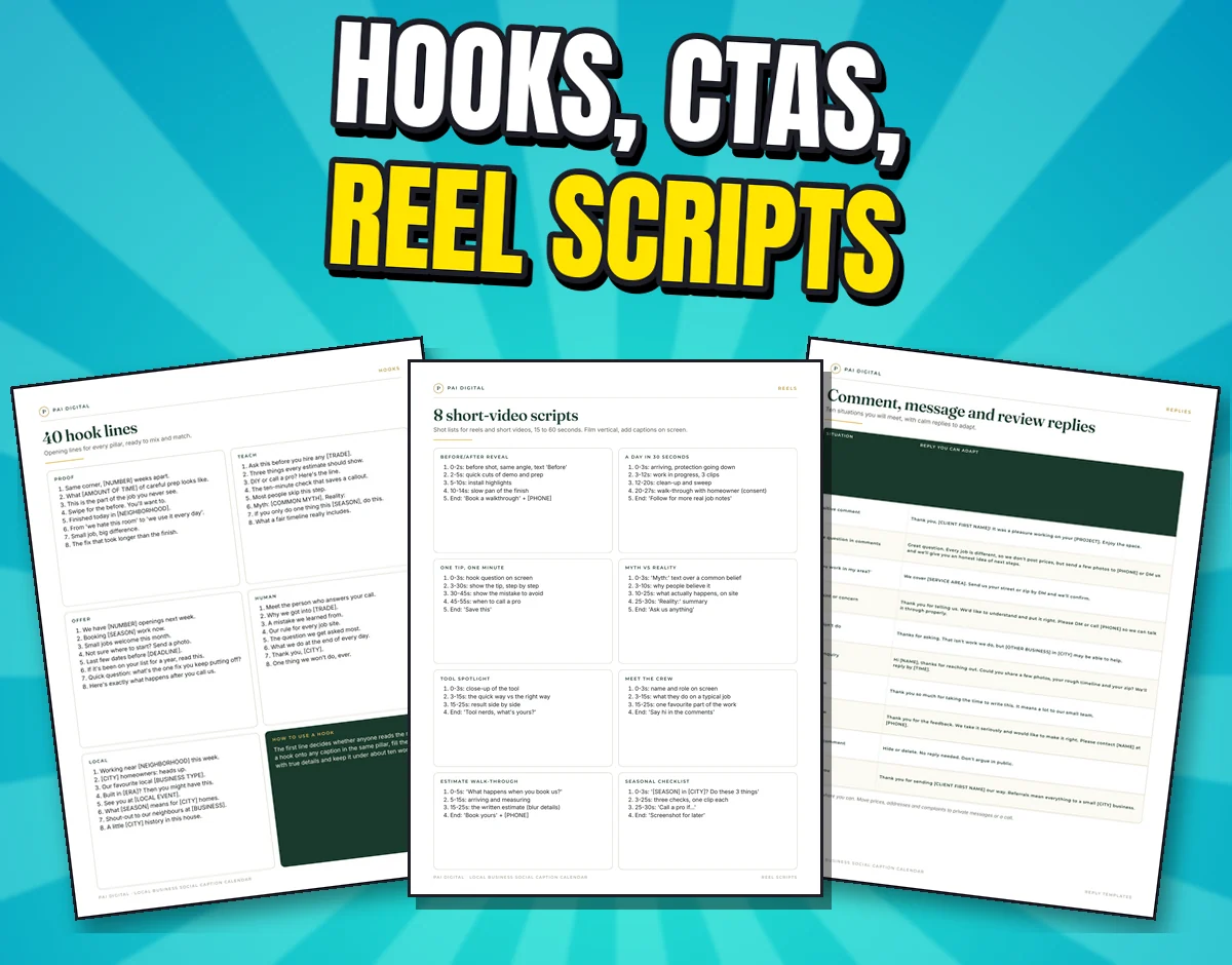 Three real pages: 40 hook lines, 8 short video scripts and comment, message and review replies