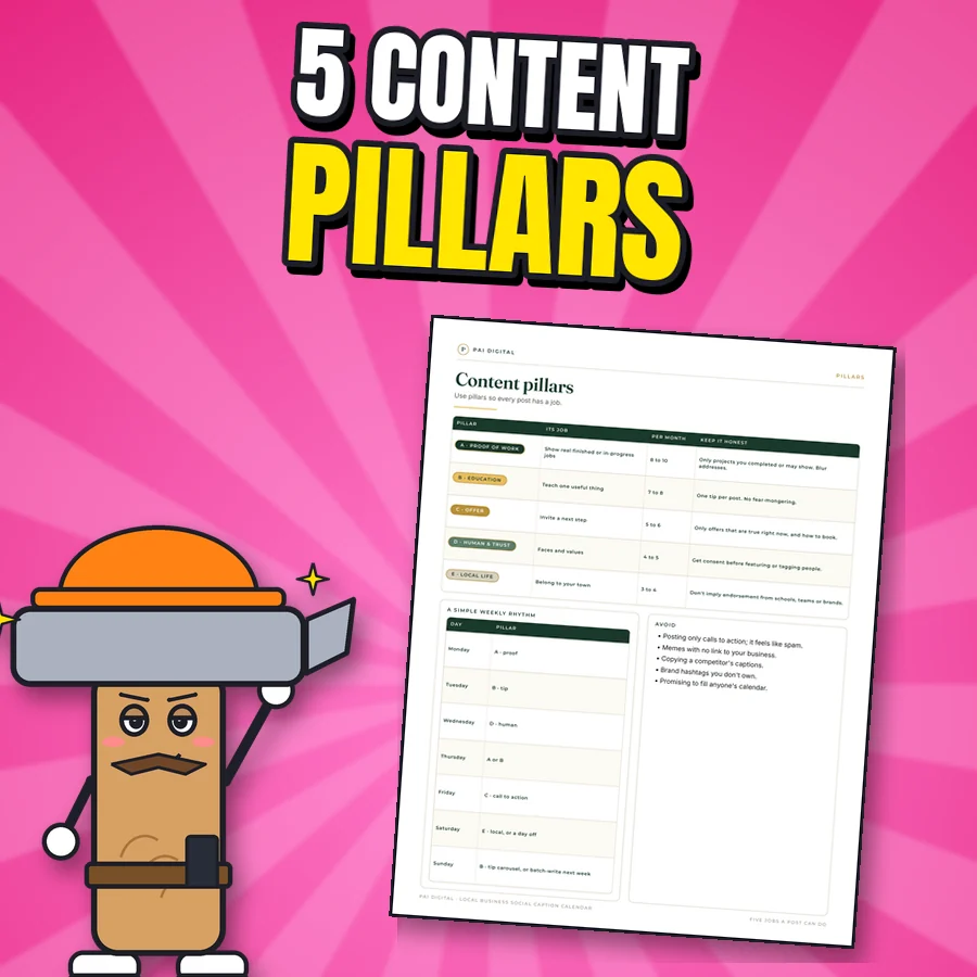 Proud cartoon hammer next to the real Content pillars page