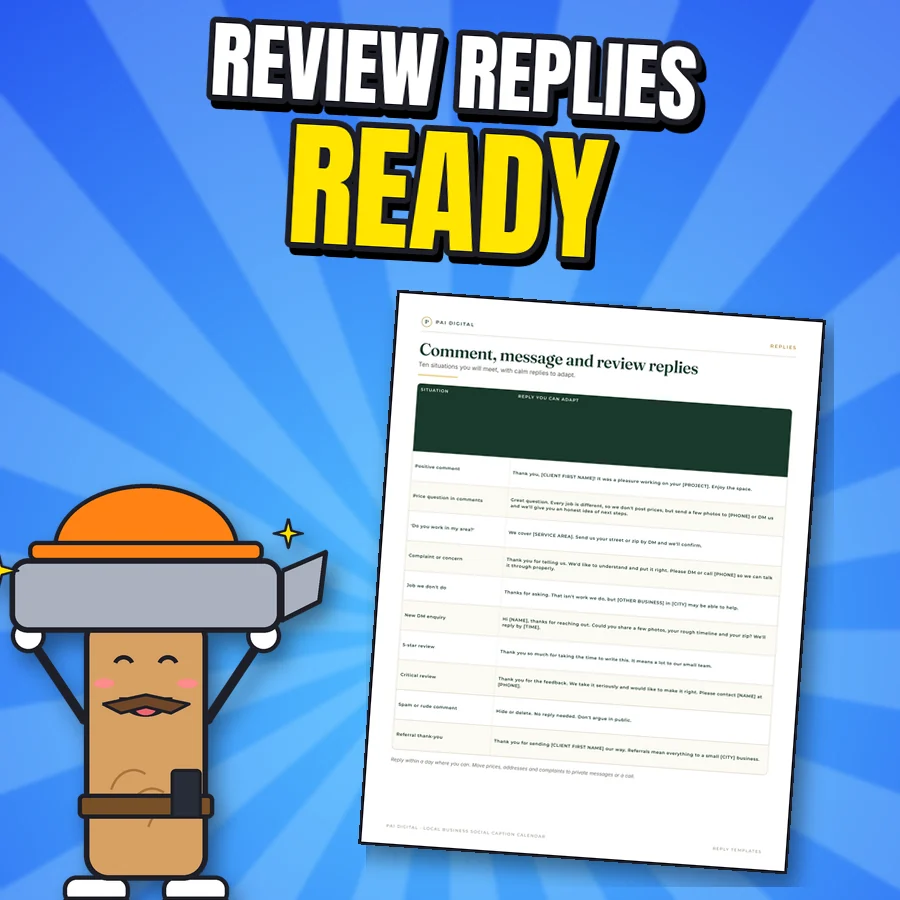 Happy cartoon hammer next to the real Comment, message and review replies page