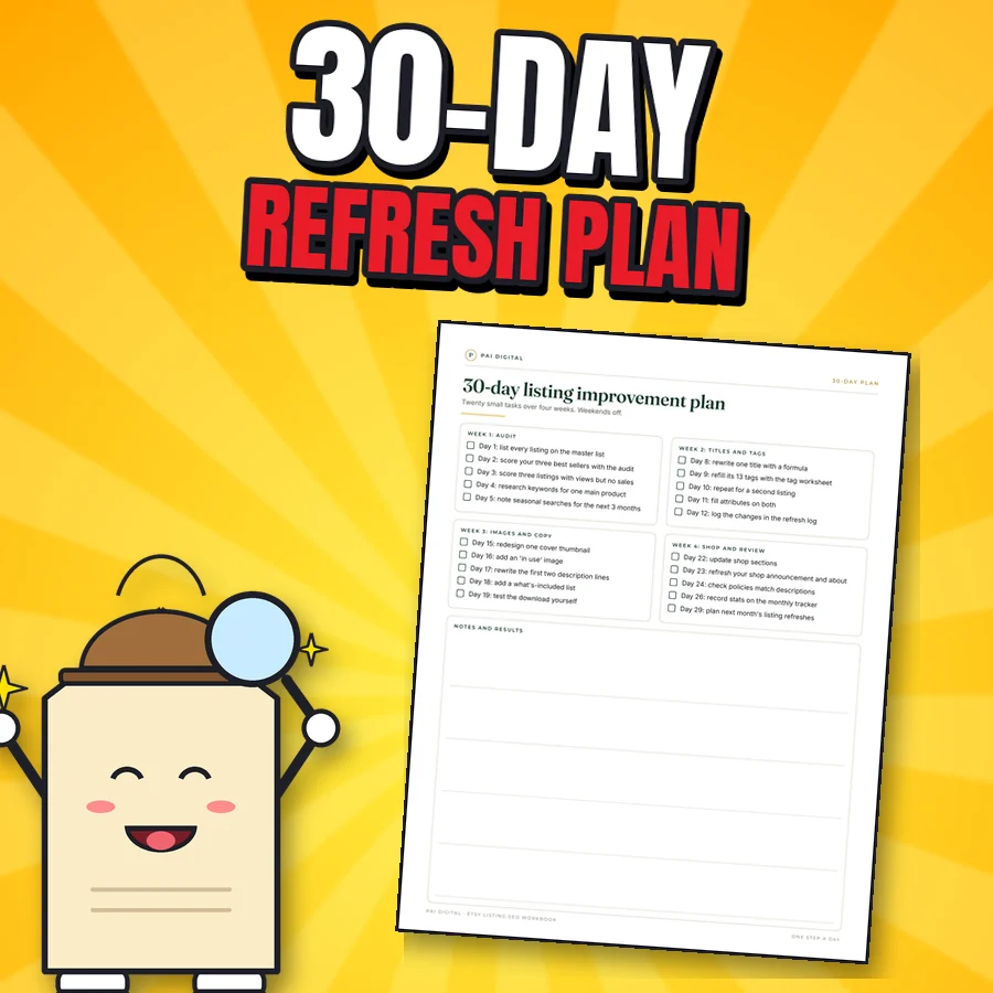 Happy cartoon tag detective next to the real 30-day listing improvement plan page