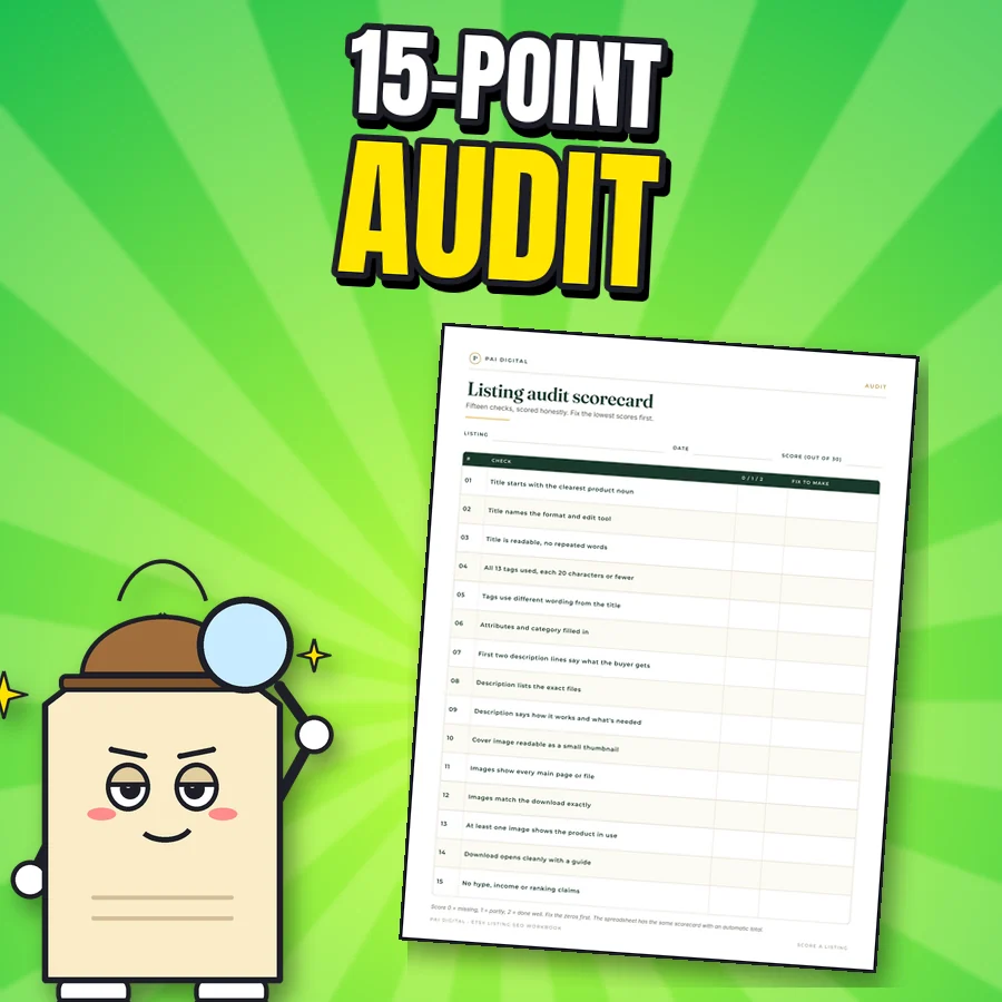 Proud cartoon tag detective next to the real Listing audit scorecard page
