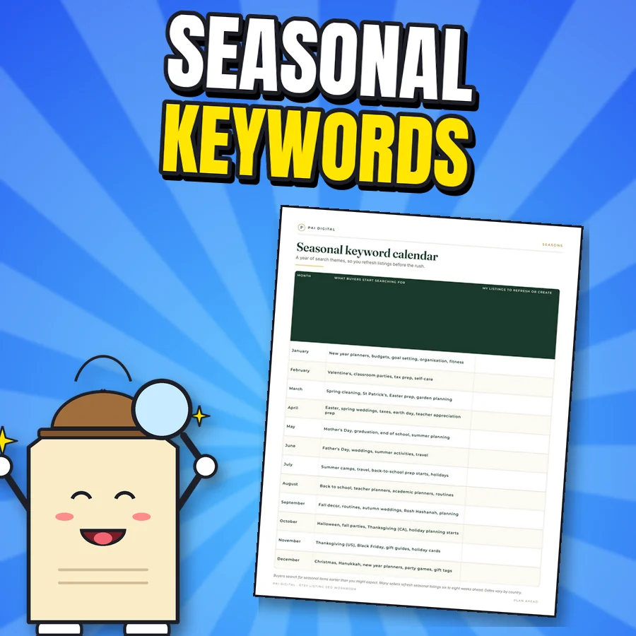 Happy cartoon tag detective next to the real Seasonal keyword calendar page