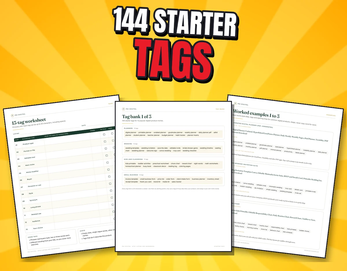 Three real pages: 13-tag worksheet, Tag bank and Worked examples