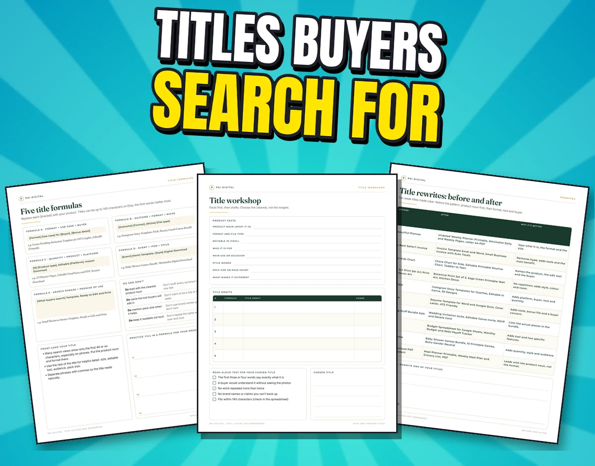 Three real pages: Five title formulas, Title workshop and Title rewrites before and after