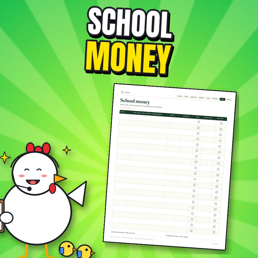 Happy hen next to the real School money page