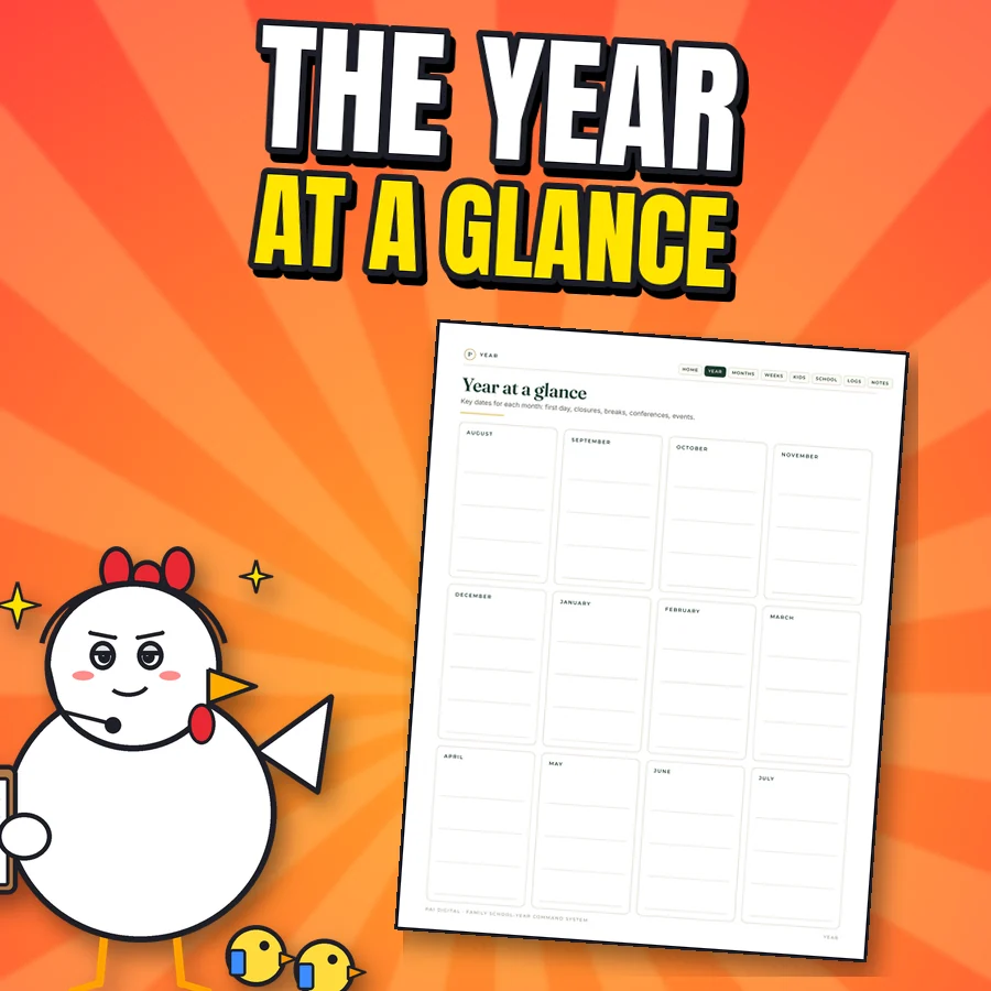 Proud hen next to the real Year at a glance page