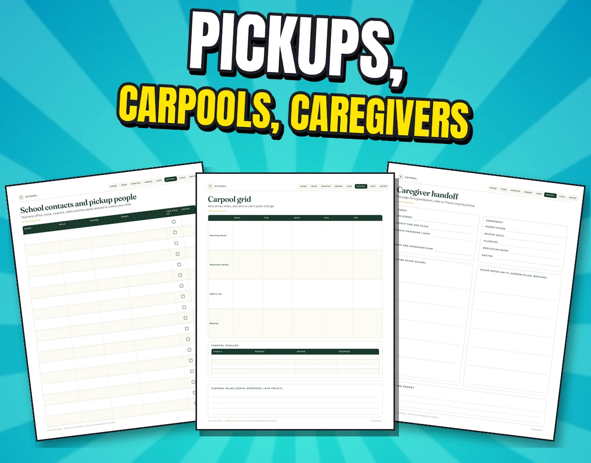 Three real pages: school contacts and pickup people, carpool grid and caregiver handoff
