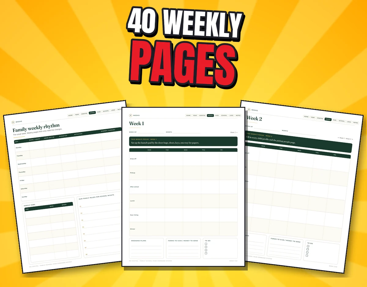 Three real pages: family weekly rhythm, Week 1 and Week 2