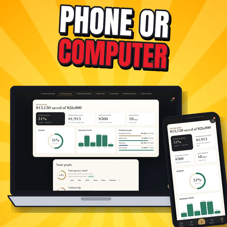 Freedom Clock savings goals screen on a laptop and on a phone