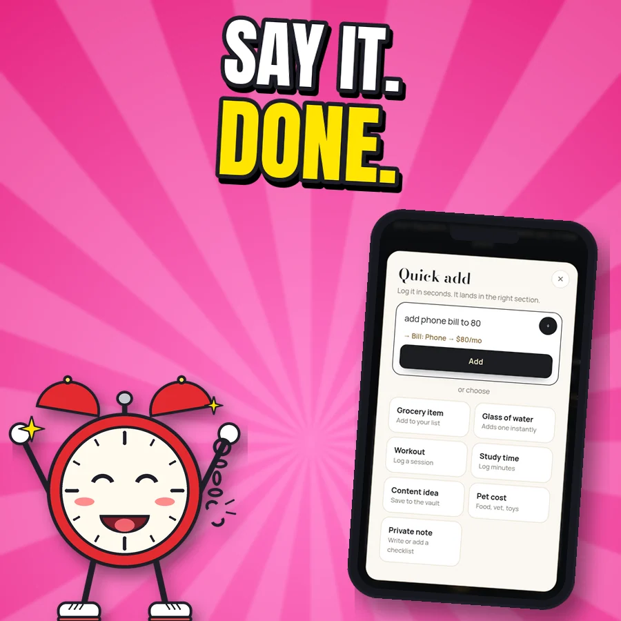 Cartoon alarm clock next to the real Quick add screen showing add phone bill to 80