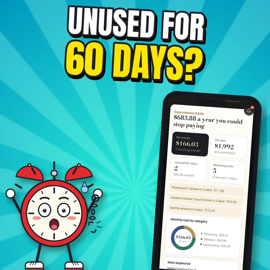 Shocked cartoon alarm clock next to the real Subscriptions and bills screen with sample data