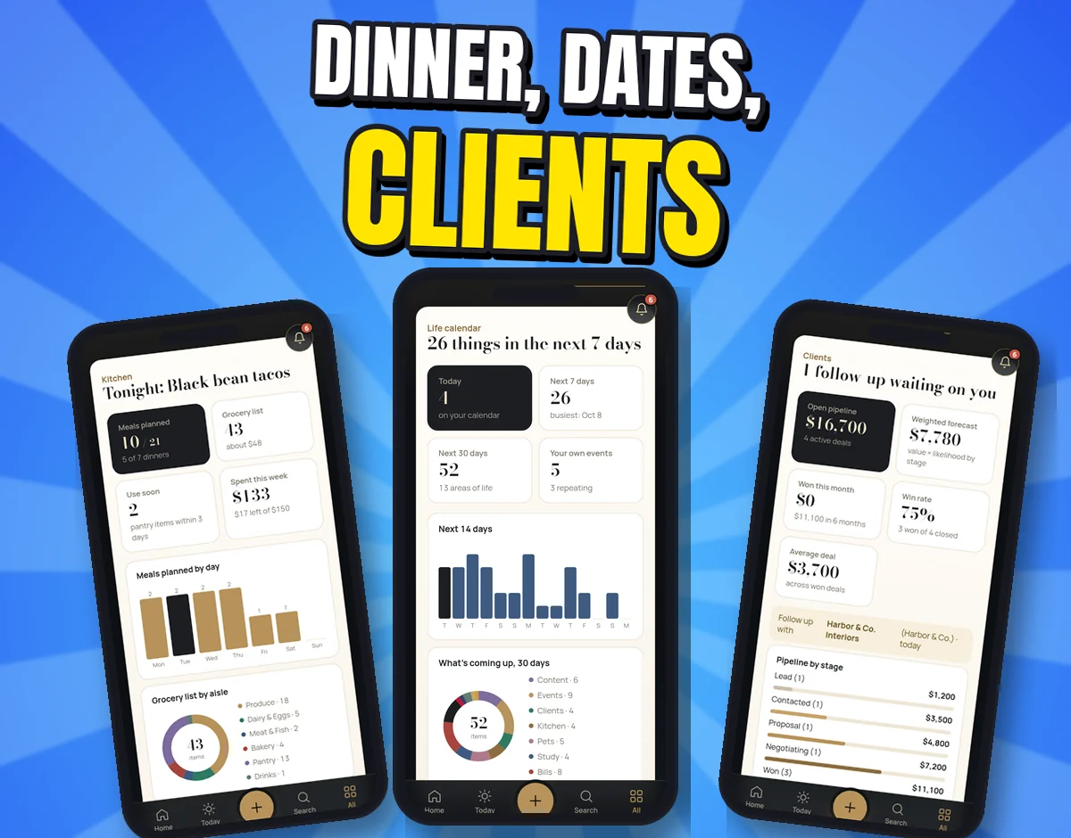 Three real Freedom Clock screens on phones: meal plan, life calendar and client CRM