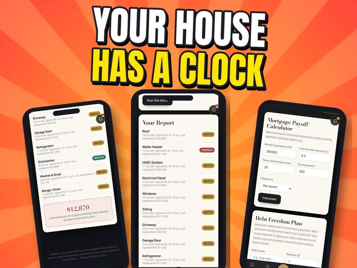 Real Freedom Clock screens: the House Clock report with roof, water heater and HVAC status, the estimated cost of systems coming due, and the mortgage payoff calculator