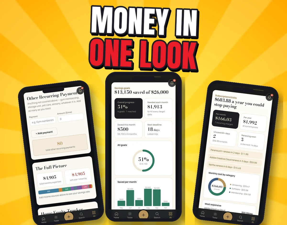 Three real Freedom Clock screens on phones: money overview, savings goals and subscriptions