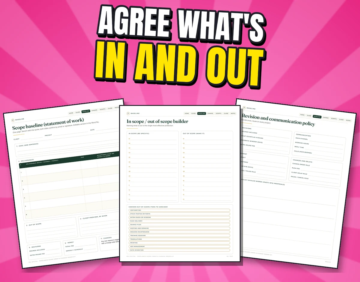 Three real pages: scope baseline, in scope / out of scope builder and revision policy